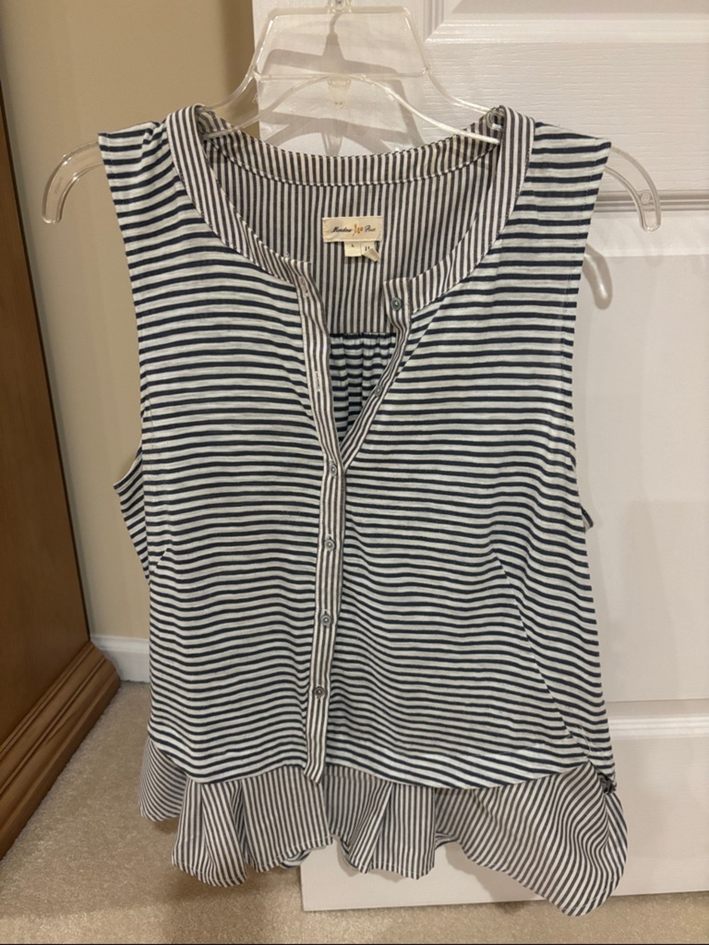 Anthropologie Meadow Rue Navy and White Striped Sleeveless Button Ruffle Hem